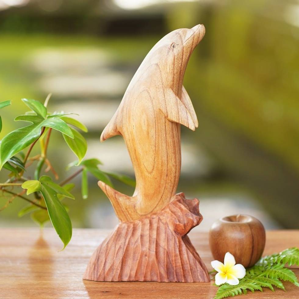 Hand Carved Suar Wood Dolphin Sculpture from Bali 'Dolphin Hop'
