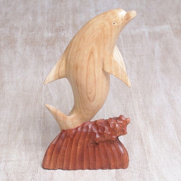 Alternate image for Hand Carved Suar Wood Dolphin Sculpture from Bali Dolphin Hop
