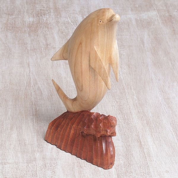 Alternate image for Hand Carved Suar Wood Dolphin Sculpture from Bali Dolphin Hop