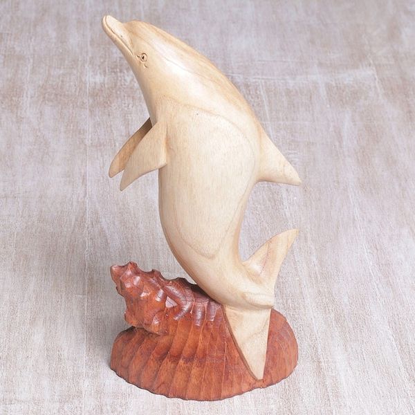 Alternate image for Hand Carved Suar Wood Dolphin Sculpture from Bali Dolphin Hop
