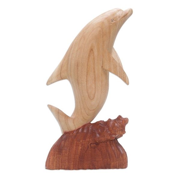 Alternate image for Hand Carved Suar Wood Dolphin Sculpture from Bali Dolphin Hop
