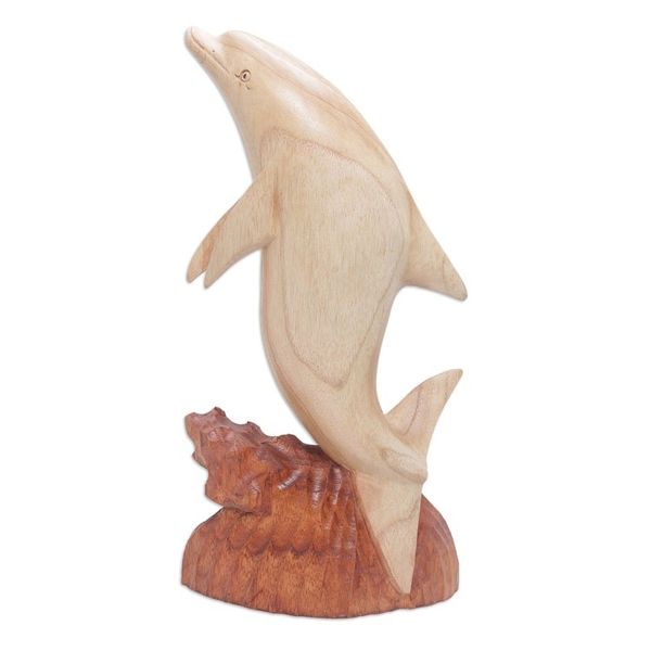 Alternate image for Hand Carved Suar Wood Dolphin Sculpture from Bali Dolphin Hop