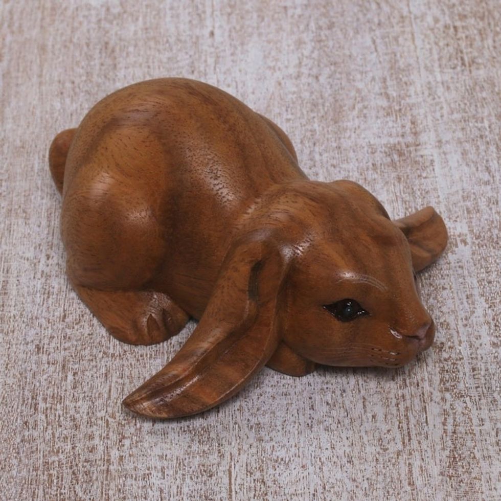 Handcrafted Suar Wood Rabbit Sculpture in Brown from Bali 'Begging Rabbit in Brown'