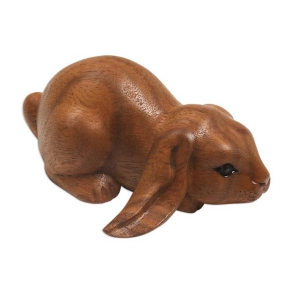 Alternate image for Handcrafted Suar Wood Rabbit Sculpture in Brown from Bali Begging Rabbit in Brown