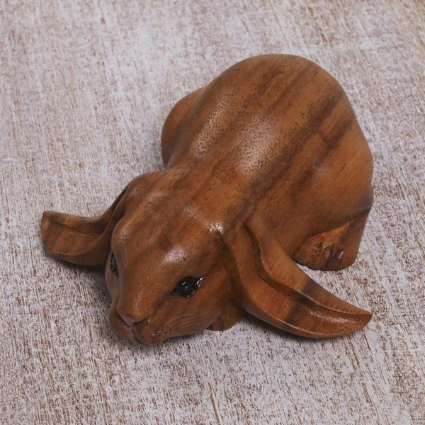 Alternate image for Handcrafted Suar Wood Rabbit Sculpture in Brown from Bali Begging Rabbit in Brown
