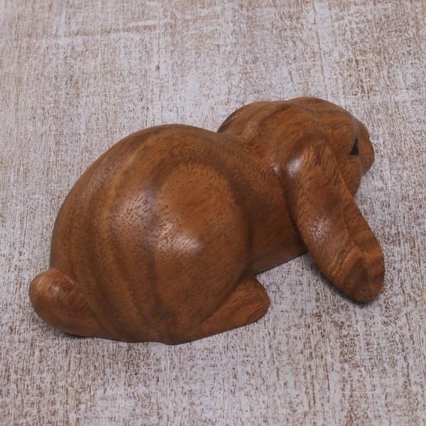 Alternate image for Handcrafted Suar Wood Rabbit Sculpture in Brown from Bali Begging Rabbit in Brown