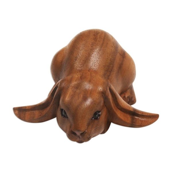Alternate image for Handcrafted Suar Wood Rabbit Sculpture in Brown from Bali Begging Rabbit in Brown