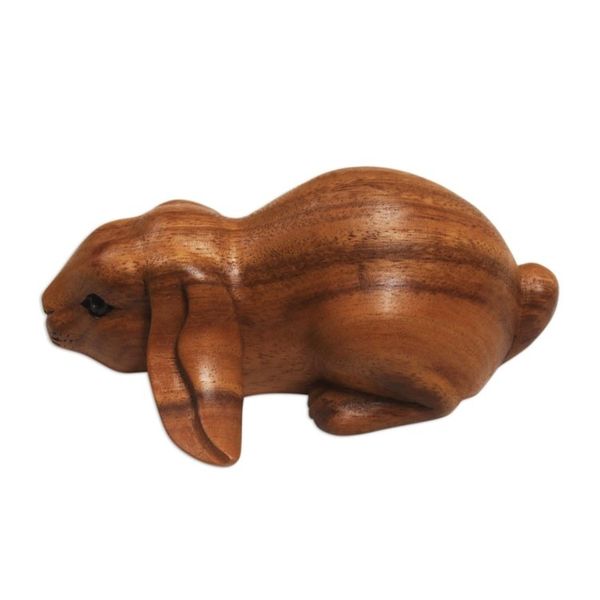 Alternate image for Handcrafted Suar Wood Rabbit Sculpture in Brown from Bali Begging Rabbit in Brown