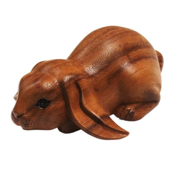 Alternate image for Handcrafted Suar Wood Rabbit Sculpture in Brown from Bali Begging Rabbit in Brown