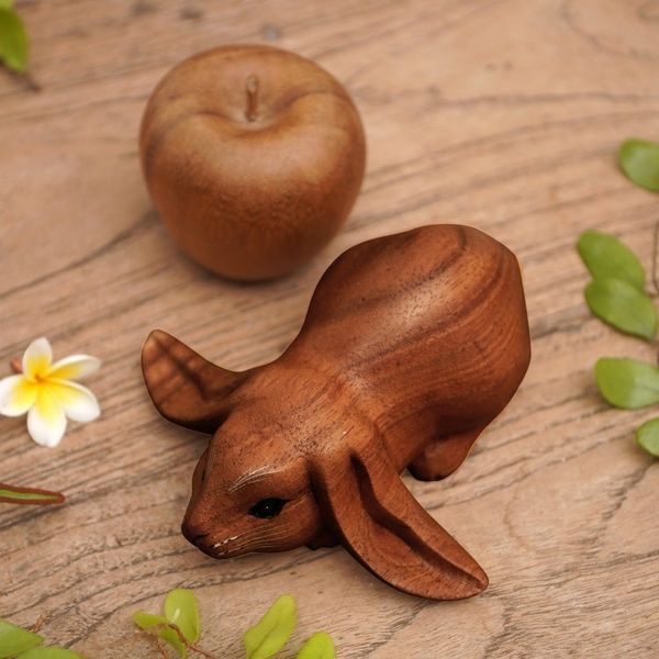 Alternate image for Handcrafted Suar Wood Rabbit Sculpture in Brown from Bali Begging Rabbit in Brown