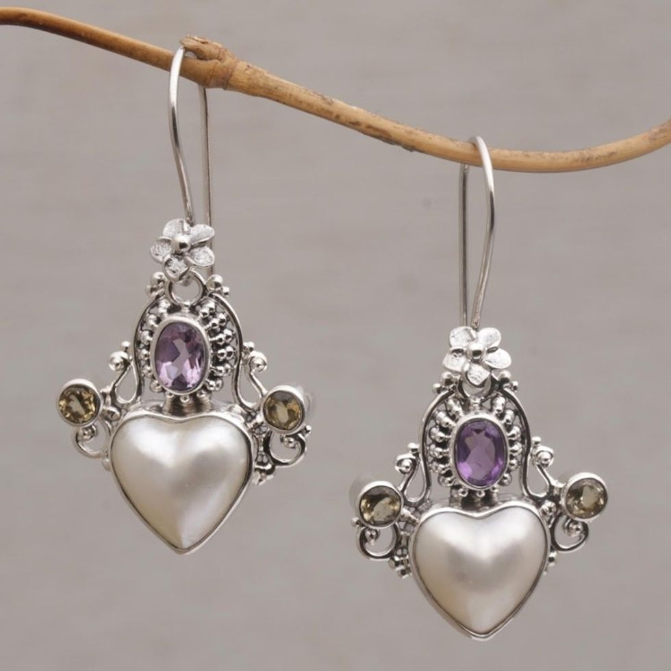 Cultured Pearl, Amethyst and Citrine Heart Dangle Earrings 'Flying Hearts'