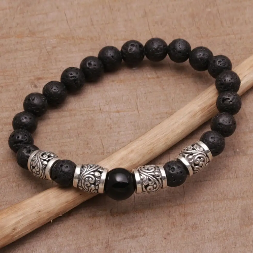 Onyx Lava Stone and 925 Silver Beaded Bracelet from Bali 'Batur Heritage'