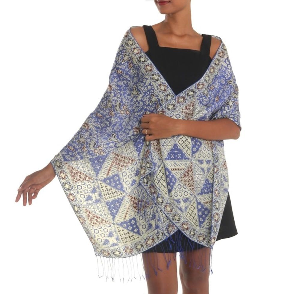 Batik Silk Shawl with Indigo Floral Motifs from Bali 'Orchid Temple in Indigo'