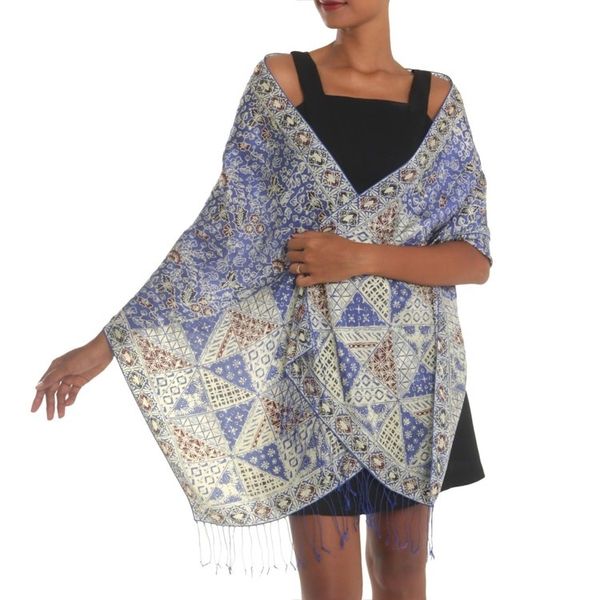Alternate image for Batik Silk Shawl with Indigo Floral Motifs from Bali Orchid Temple in Indigo