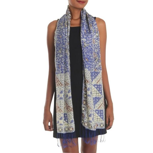 Alternate image for Batik Silk Shawl with Indigo Floral Motifs from Bali Orchid Temple in Indigo