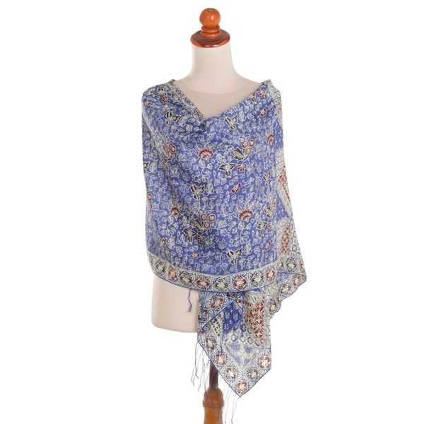 Alternate image for Batik Silk Shawl with Indigo Floral Motifs from Bali Orchid Temple in Indigo