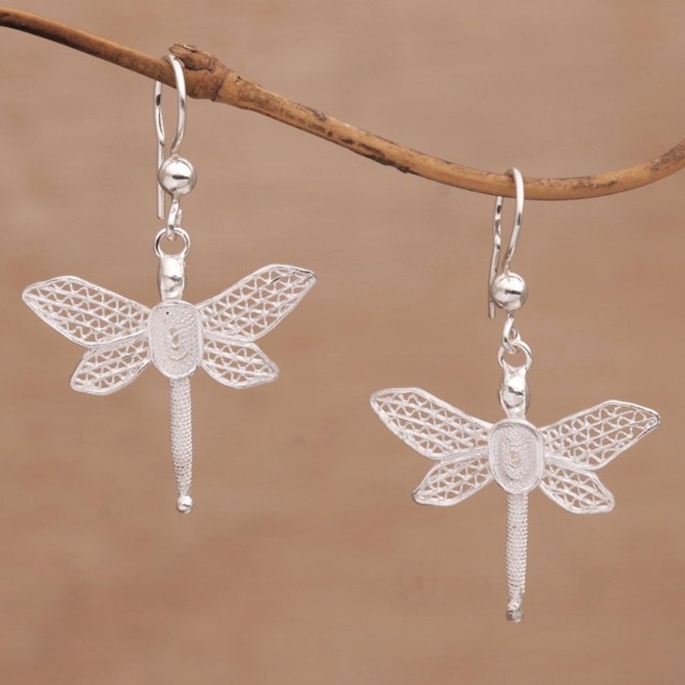 Dragonfly-Shaped Silver Filigree Dangle Earrings from Bali 'Soaring Dragonflies'