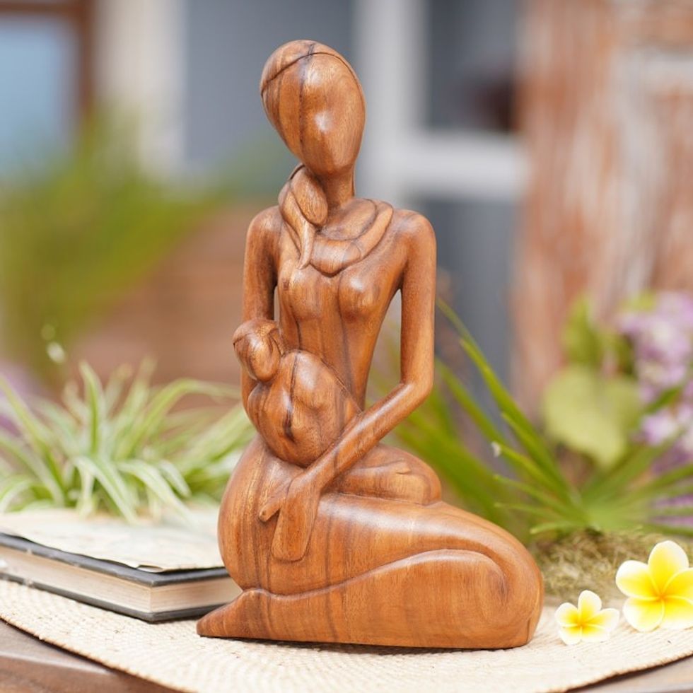 Mother and Child Hand Carved Suar Wood Sculpture 'Mother's Gift'