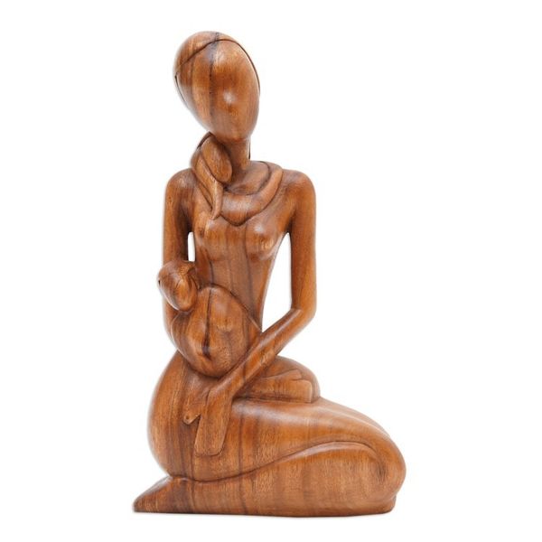 Alternate image for Mother and Child Hand Carved Suar Wood Sculpture Mothers Gift