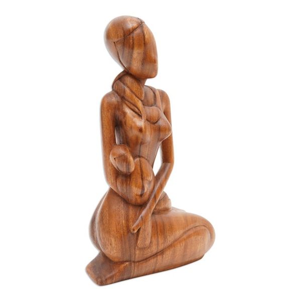 Alternate image for Mother and Child Hand Carved Suar Wood Sculpture Mothers Gift