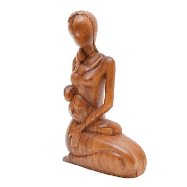 Alternate image for Mother and Child Hand Carved Suar Wood Sculpture Mothers Gift