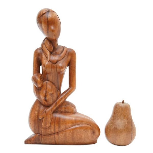 Alternate image for Mother and Child Hand Carved Suar Wood Sculpture Mothers Gift