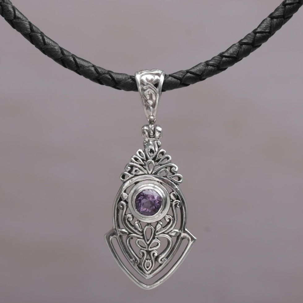 Sterling Silver and Amethyst Pendant Necklace from Indonesia 'Bali Amulet in Purple'