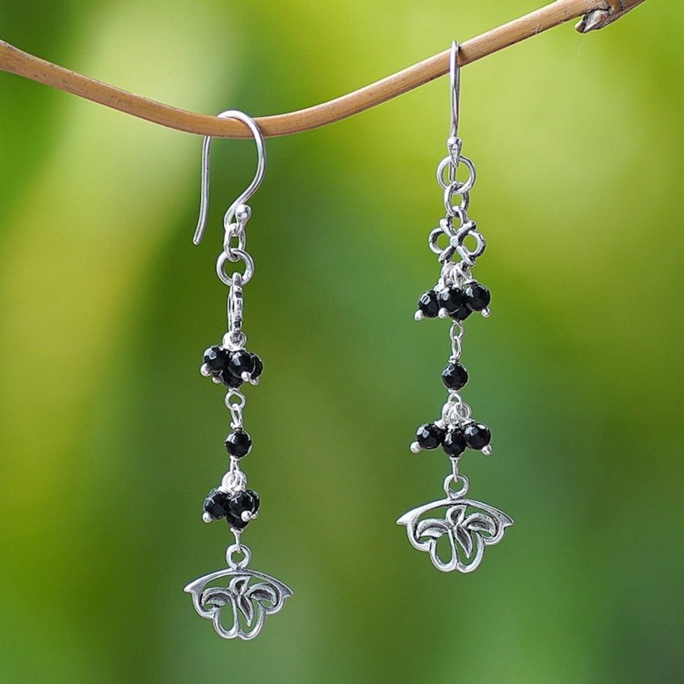 Onyx and Sterling Silver Floral Cluster Earrings from Bali 'Midnight Petals'