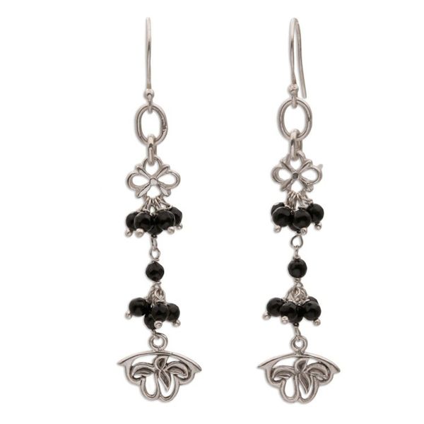 Alternate image for Onyx and Sterling Silver Floral Cluster Earrings from Bali Midnight Petals
