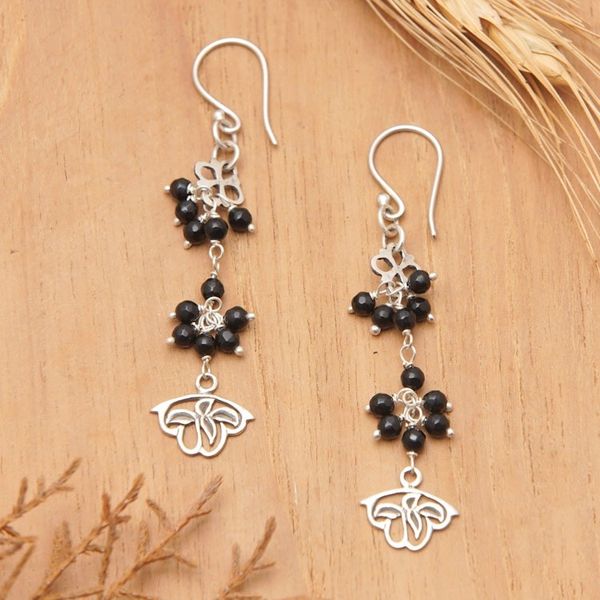 Alternate image for Onyx and Sterling Silver Floral Cluster Earrings from Bali Midnight Petals