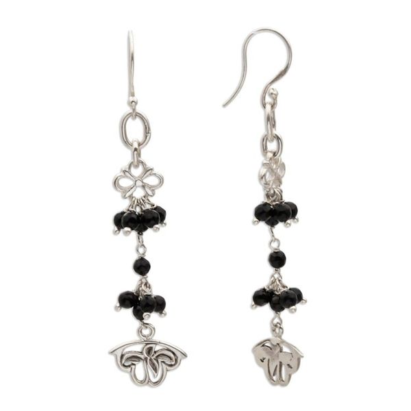 Alternate image for Onyx and Sterling Silver Floral Cluster Earrings from Bali Midnight Petals