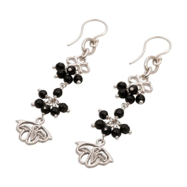 Alternate image for Onyx and Sterling Silver Floral Cluster Earrings from Bali Midnight Petals