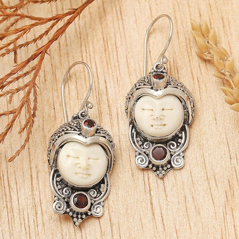 Garnet and Cow Bone Sterling Silver Celuk Dangle Earrings 'Celuk Prince'