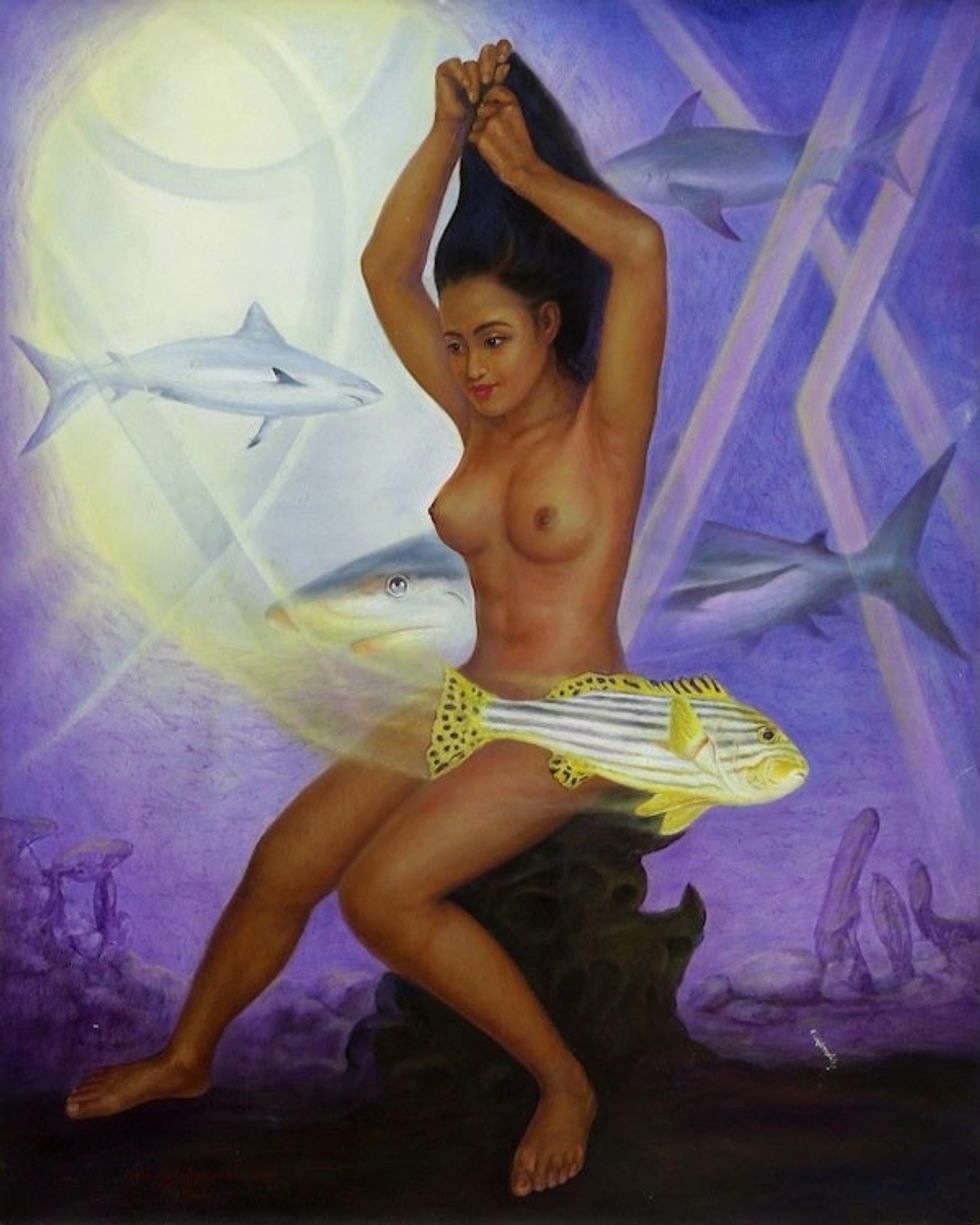 Surreal Underwater Oil Portrait of a Balinese Nude 'Deep Smile'