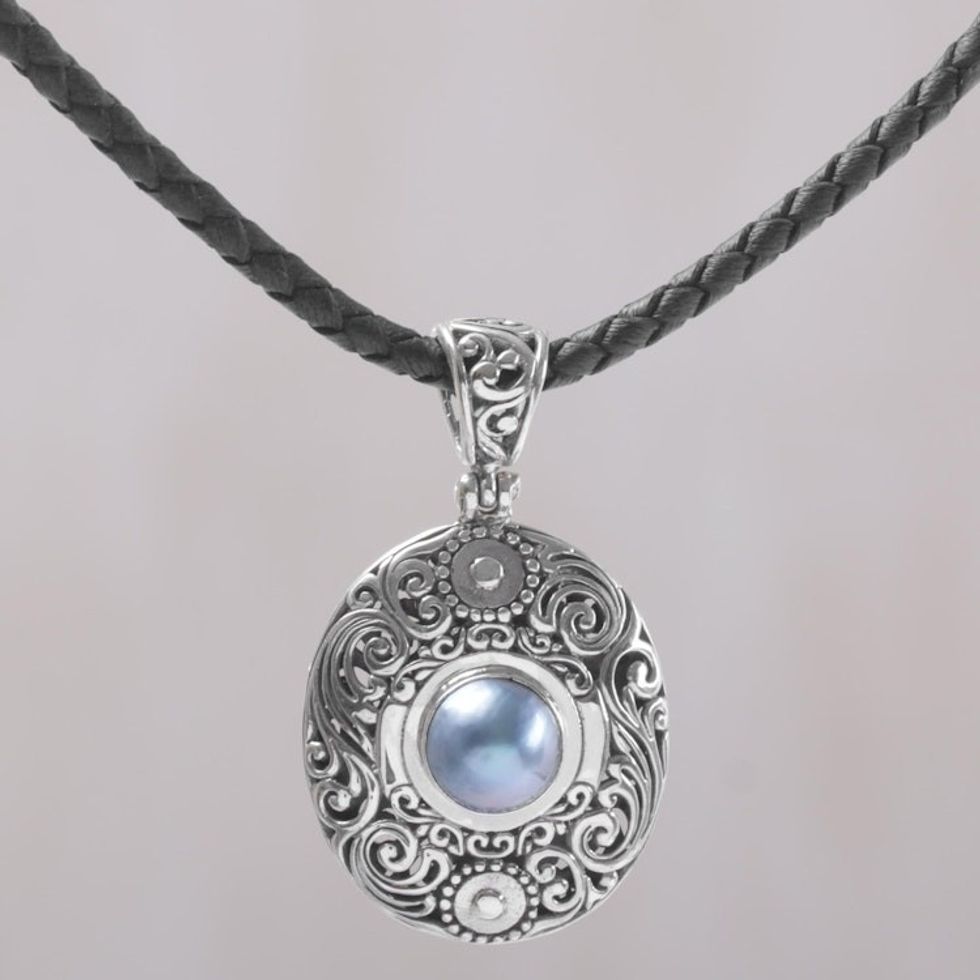Cultured Mabe Pearl and Sterling Silver Necklace from Bali 'Dark Sanur Shield'