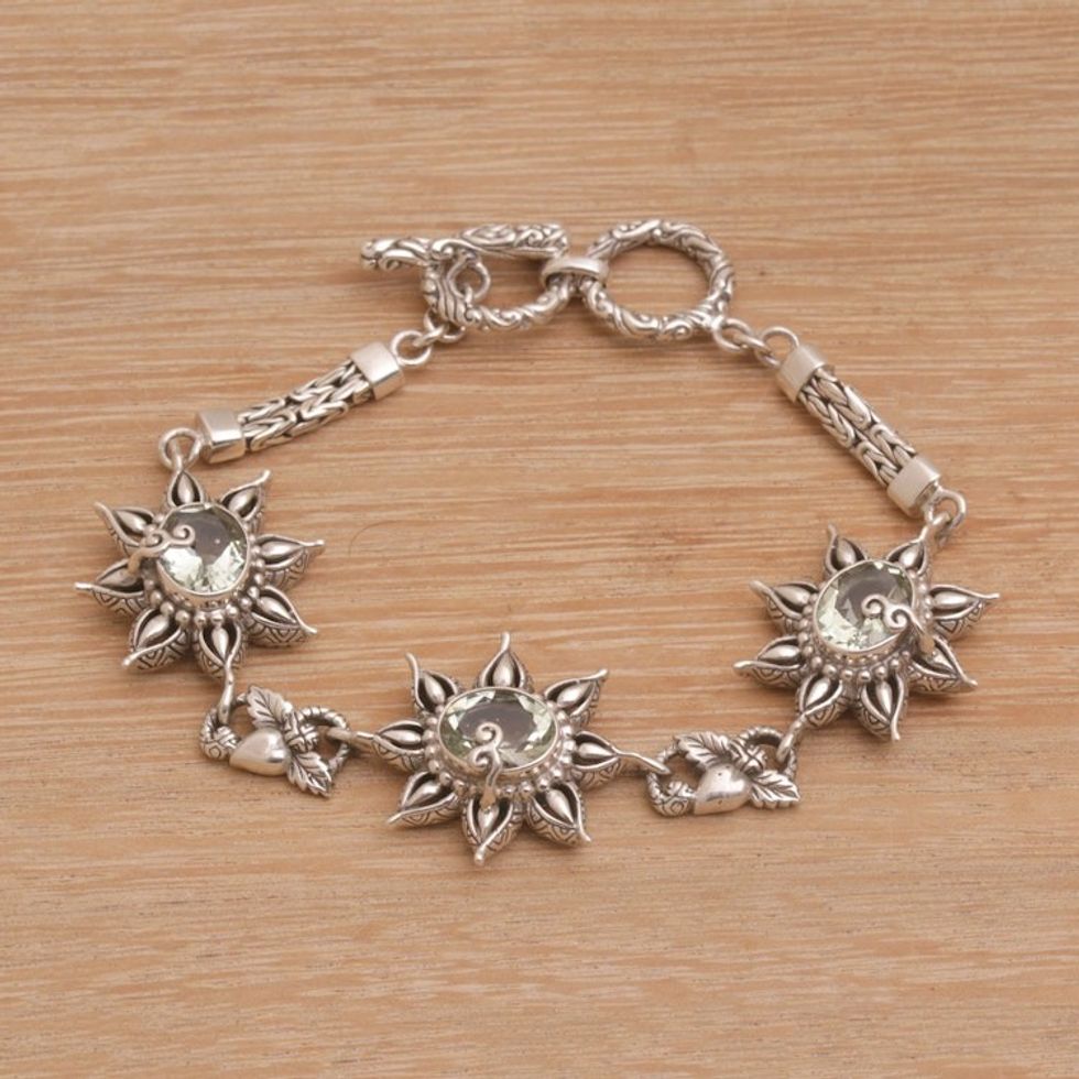 925 Sterling Silver Floral Green Prasiolite Link Bracelet 'Prasiolite Garden'
