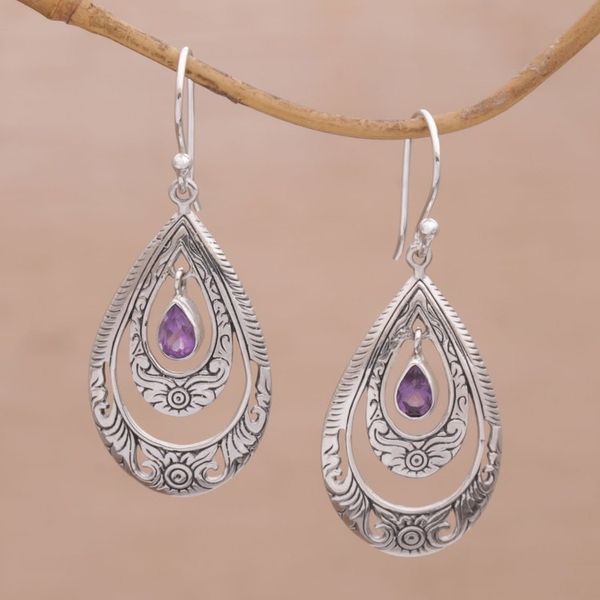 Alternate image for Artisan Handmade Amethyst 925 Sterling Silver Earrings Gift of Flowers in Purple