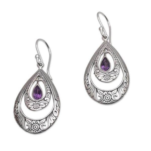 Alternate image for Artisan Handmade Amethyst 925 Sterling Silver Earrings Gift of Flowers in Purple