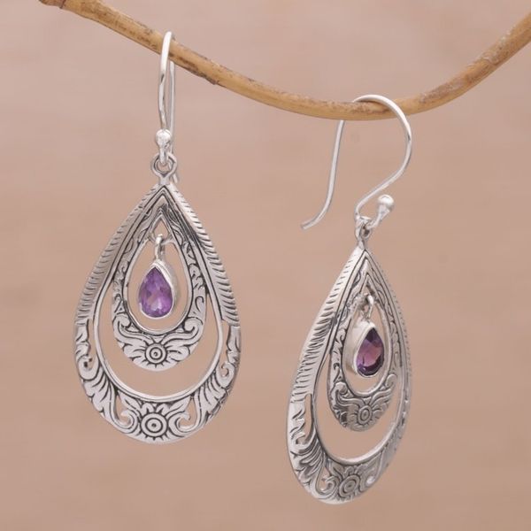 Alternate image for Artisan Handmade Amethyst 925 Sterling Silver Earrings Gift of Flowers in Purple