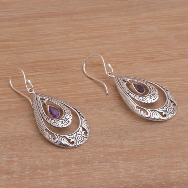 Alternate image for Artisan Handmade Amethyst 925 Sterling Silver Earrings Gift of Flowers in Purple