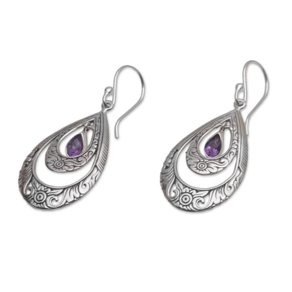 Alternate image for Artisan Handmade Amethyst 925 Sterling Silver Earrings Gift of Flowers in Purple
