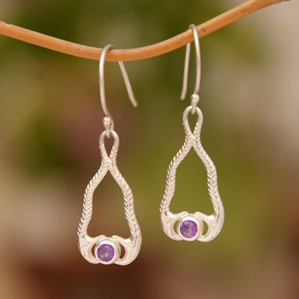 Amethyst and Sterling Silver Snake Dangle Earrings from Bali 'Serpentine Talismans'