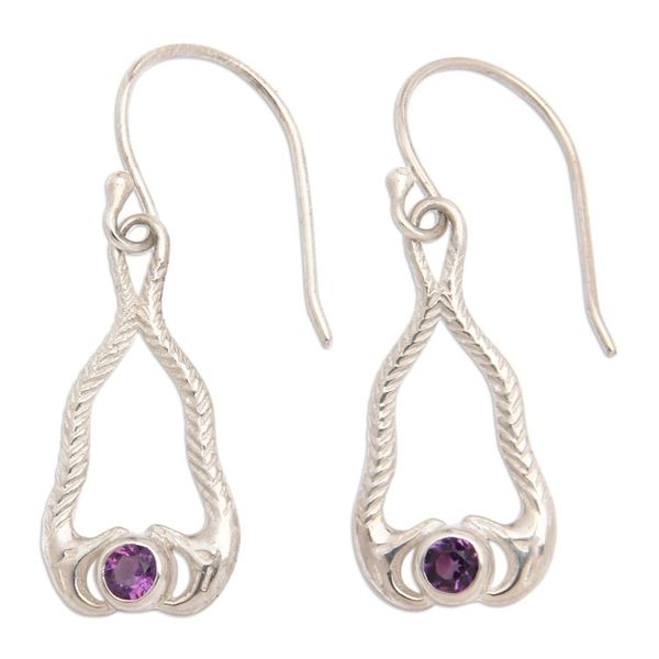 Alternate image for Amethyst and Sterling Silver Snake Dangle Earrings from Bali Serpentine Talismans