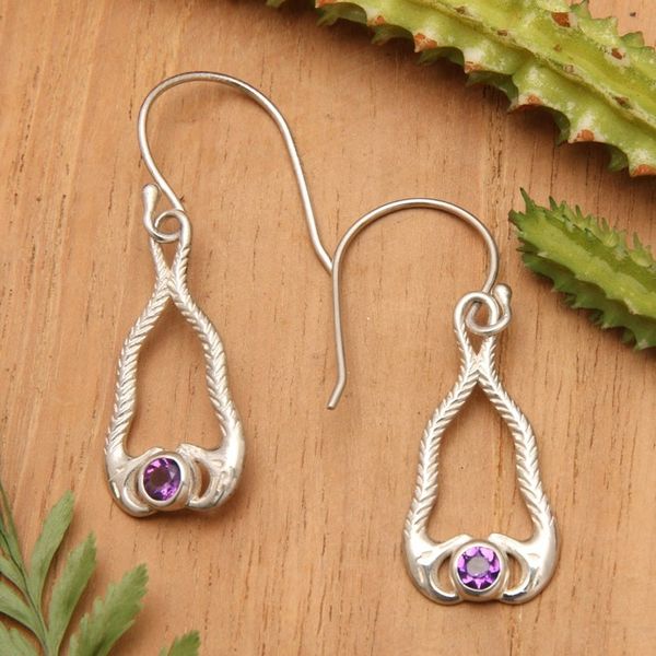 Alternate image for Amethyst and Sterling Silver Snake Dangle Earrings from Bali Serpentine Talismans