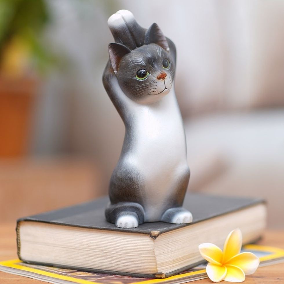Whimsical Wood Cat Sculpture in Grey and White from Bali 'Skyward Paws'