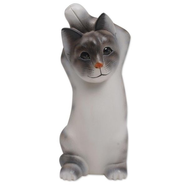 Alternate image for Whimsical Wood Cat Sculpture in Grey and White from Bali Skyward Paws