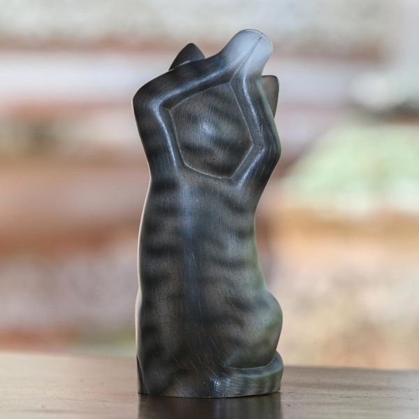 Alternate image for Whimsical Wood Cat Sculpture in Grey and White from Bali Skyward Paws