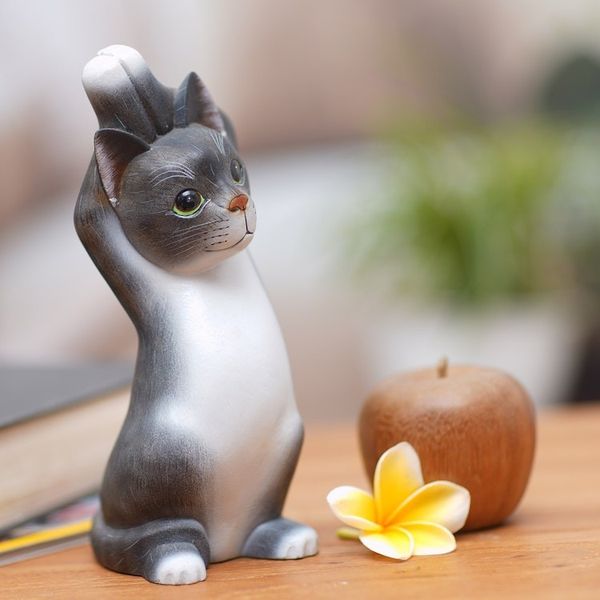 Alternate image for Whimsical Wood Cat Sculpture in Grey and White from Bali Skyward Paws