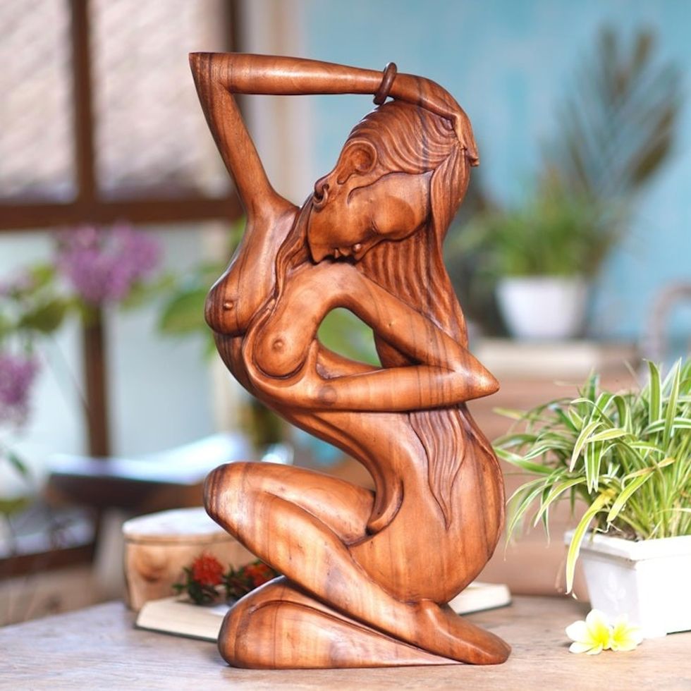 Hand Carved Suar Wood Sculpture of Artistic Nude 'Summer Shower'