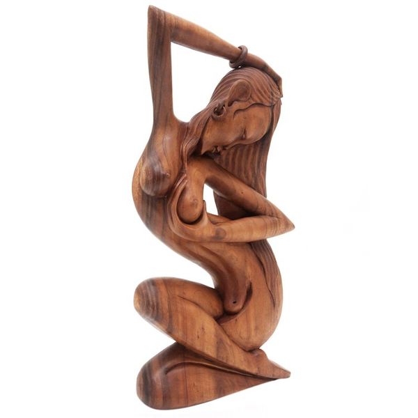 Alternate image for Hand Carved Suar Wood Sculpture of Artistic Nude Summer Shower